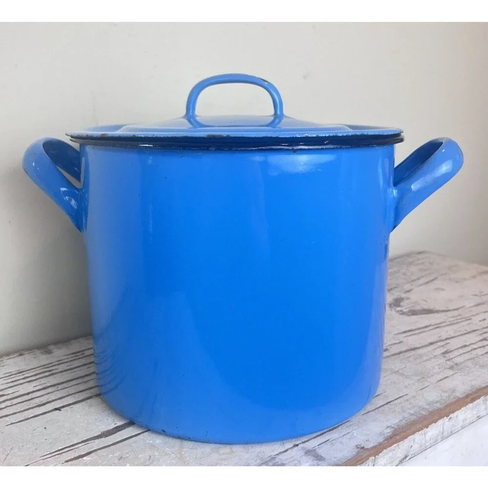 Vintage Robins Egg Blue Thala Ware Enamelware Heavy Stockpot W/Lid Country